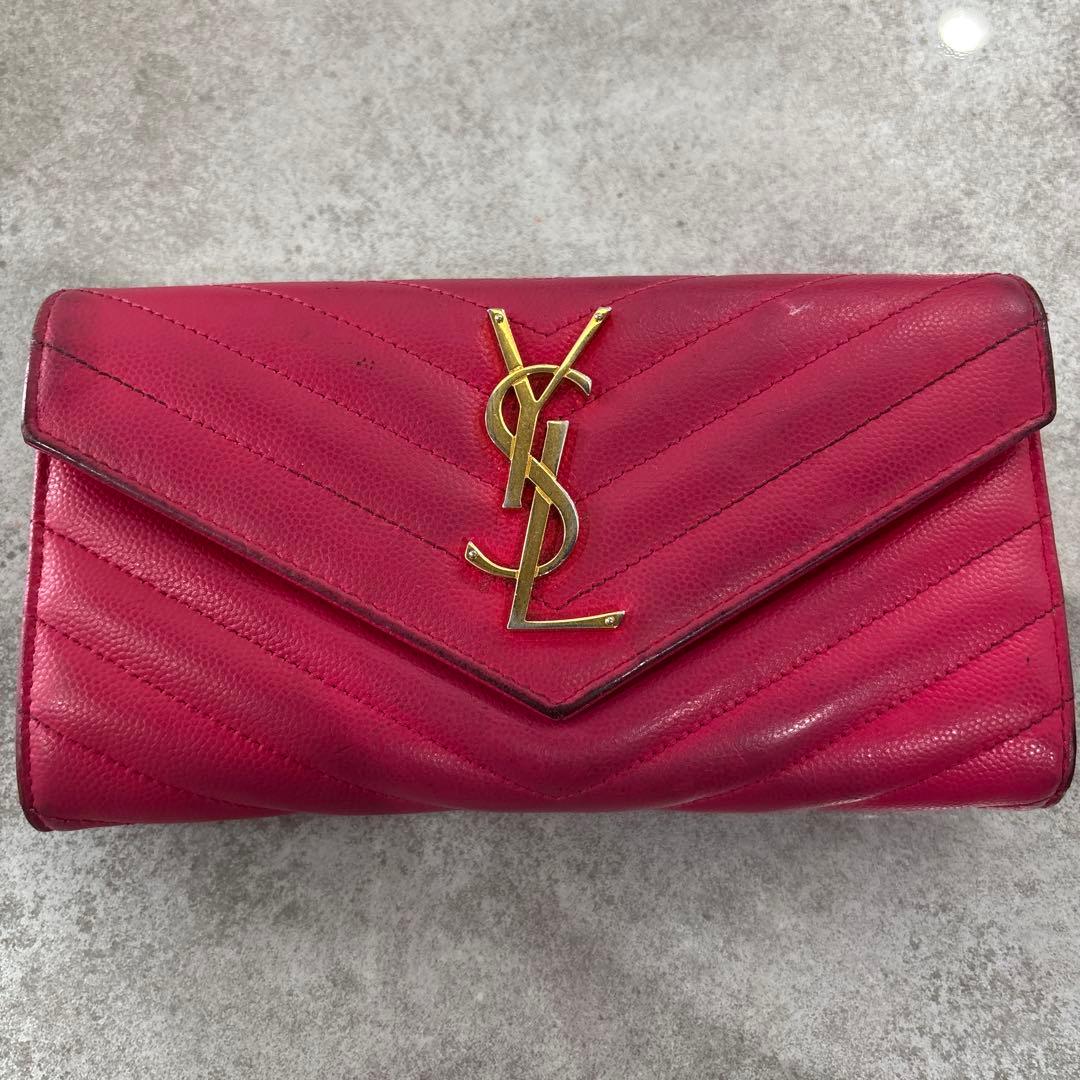 サンローラン　キルティング長財布　ピンク　YSL