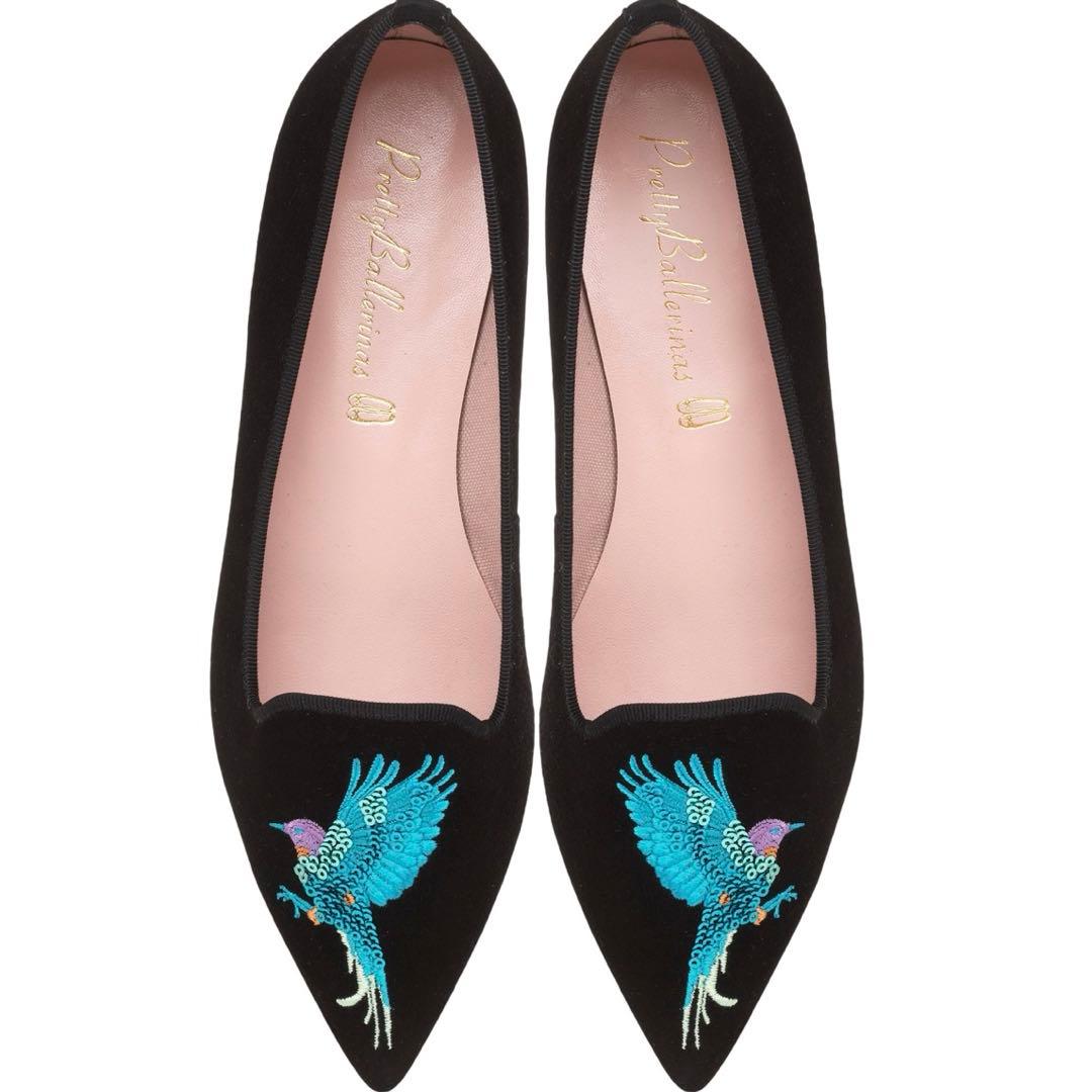 ⭐️未使用⭐️プリティバレリーナ　鳥刺繍　ブラック　スエード　フラットシューズ　希少