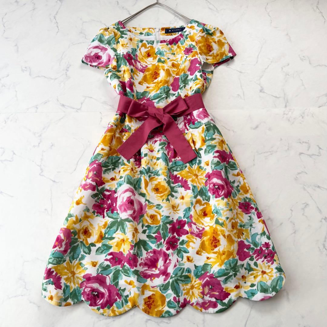 美品 エムズグレイシー 花柄 スカラップ ワンピース リボン パフスリーブ 38