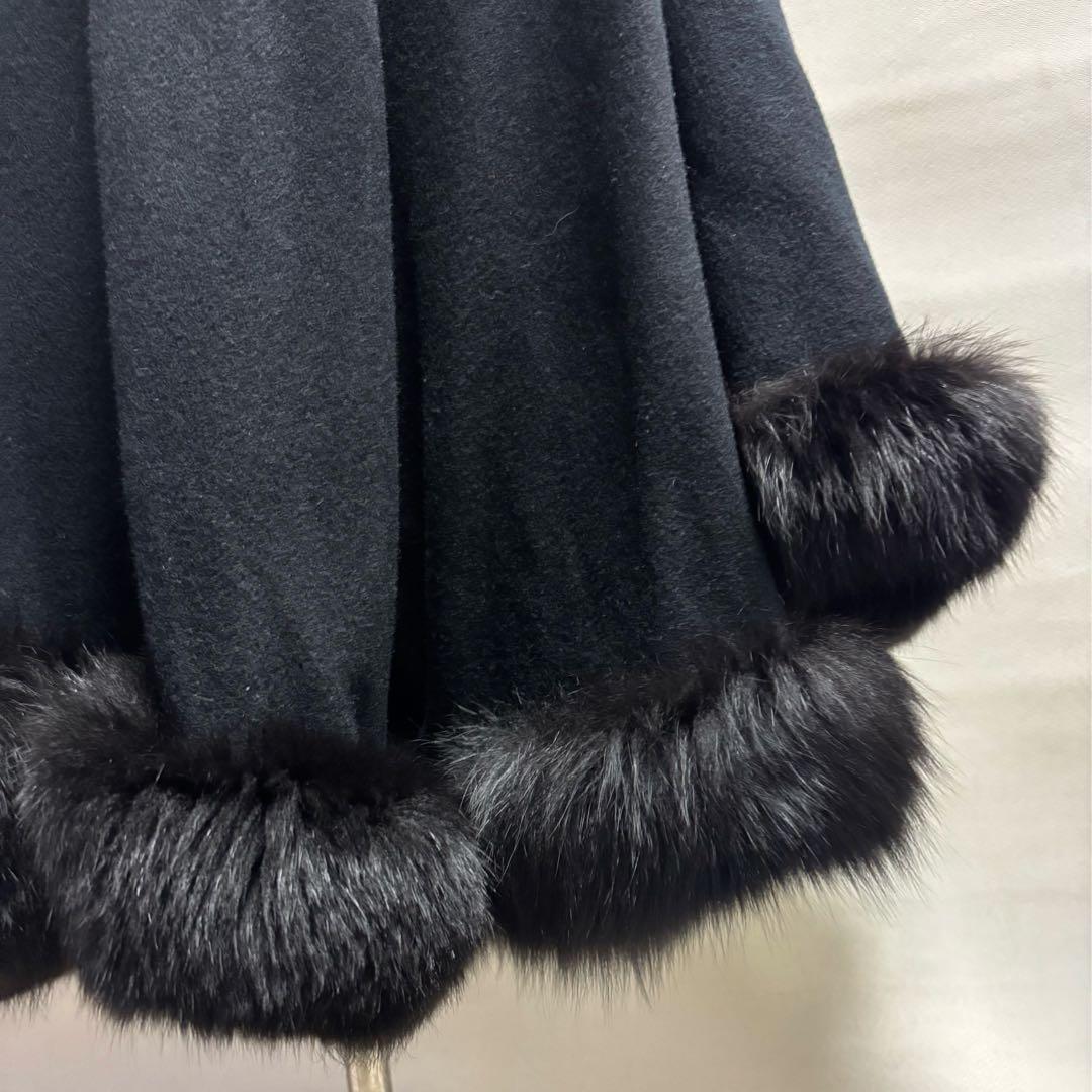 カシミヤケープマント フォックストリミング ロング丈 ブラック レディース