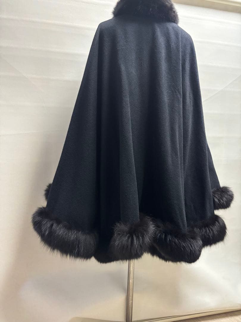 カシミヤケープマント フォックストリミング ロング丈 ブラック レディース