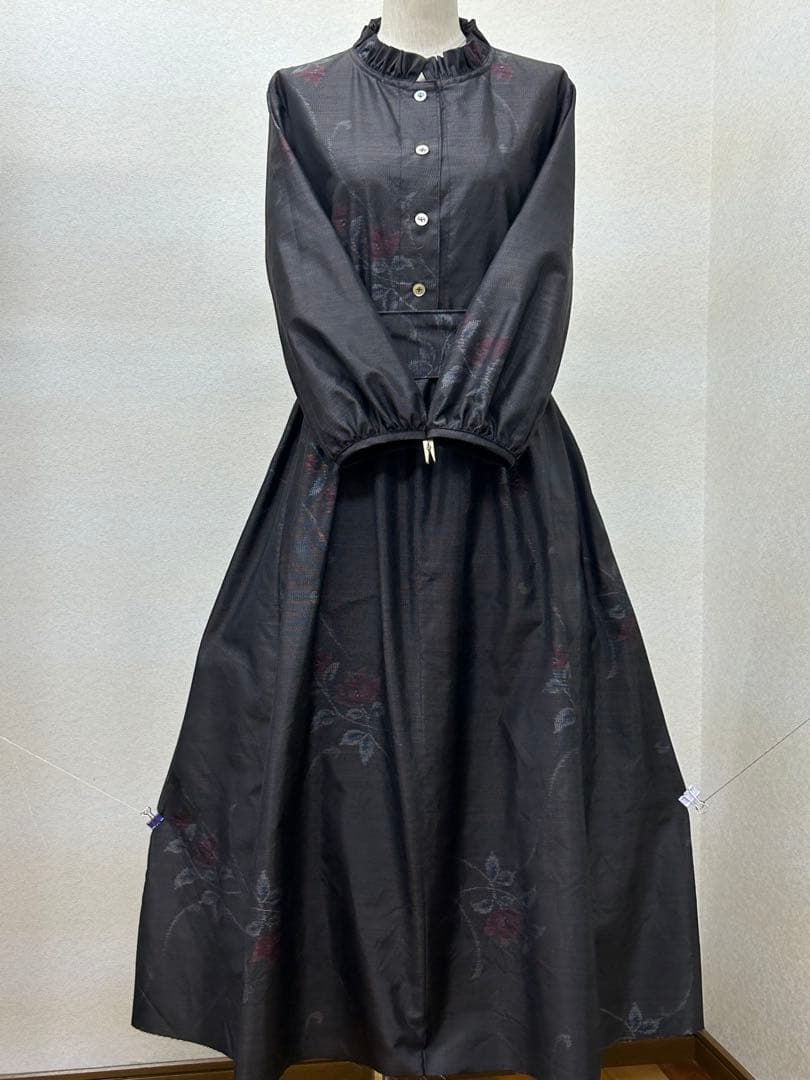 着物リメイク　大島紬ワンピース　前ボタン Lサイズ