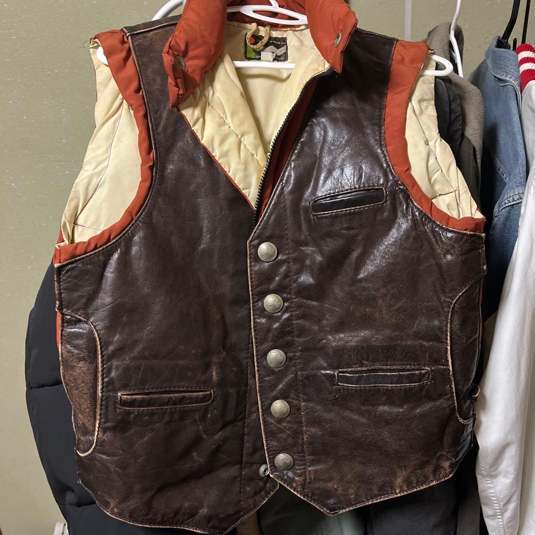 70s ヴィンテージ レザー ダウンベスト ロケットタロン オレンジ 38 M