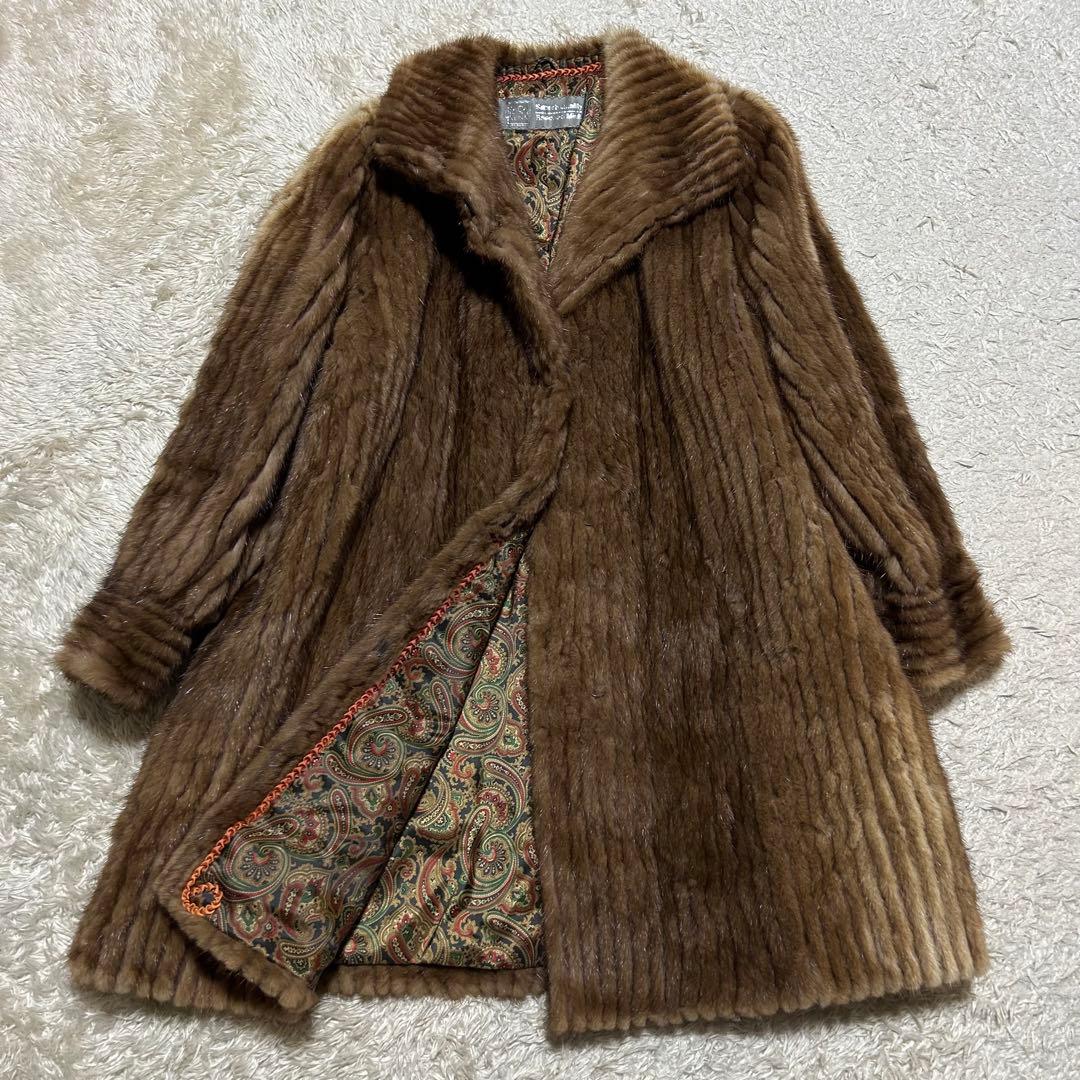 サガミンク 毛皮コート ブラウン系 LLサイズ ロング丈 ペイズリー裏地