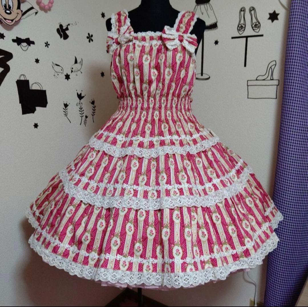 ピンクのストライプ花柄　ゴスロリ　ロリータ