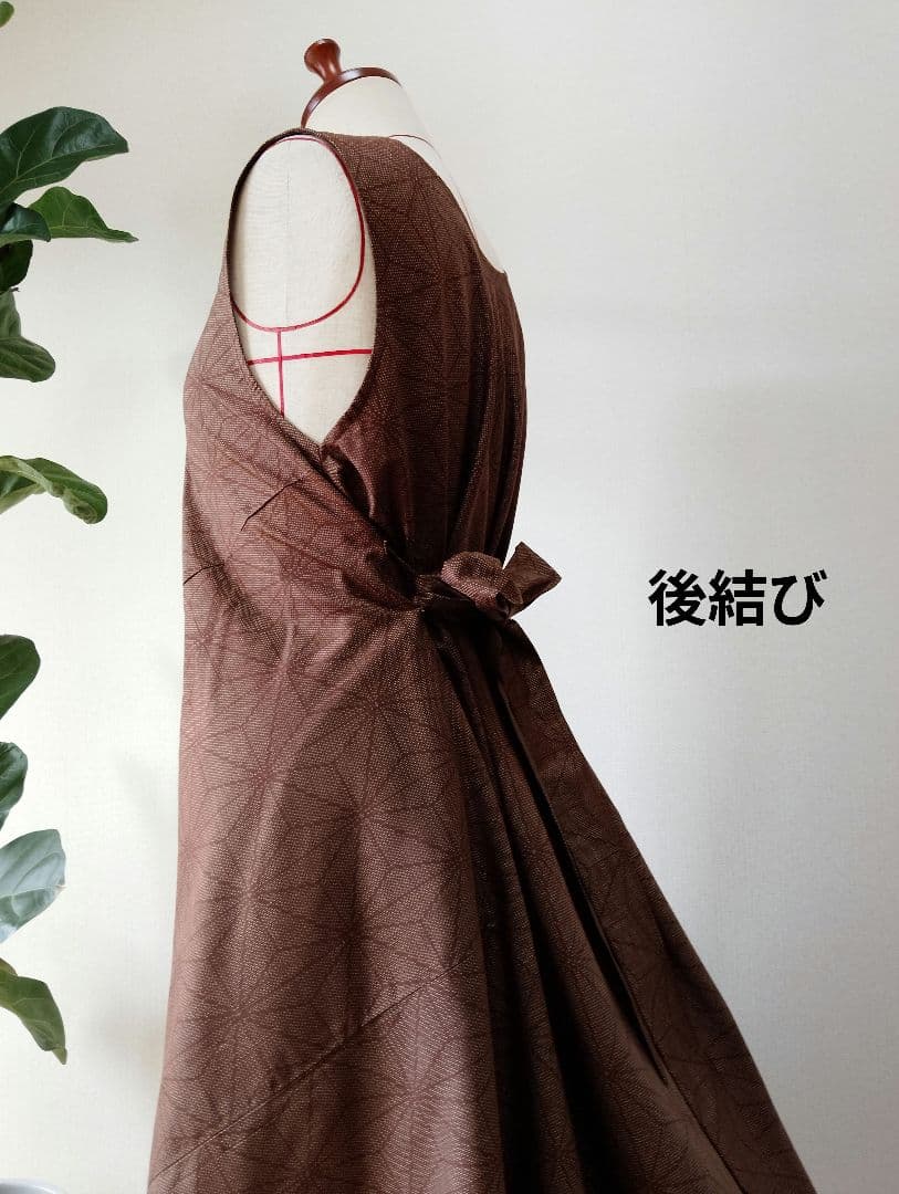 着物リメイク✤大島紬フレアーワンピース✤レンガ色正絹ストールリボン2本付き