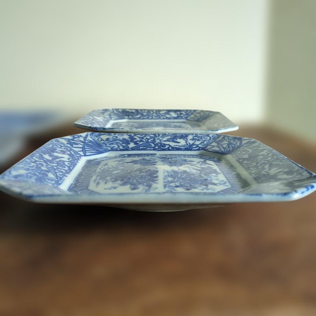 WHITE　骨董　角皿　伊万里　印判　花　7枚