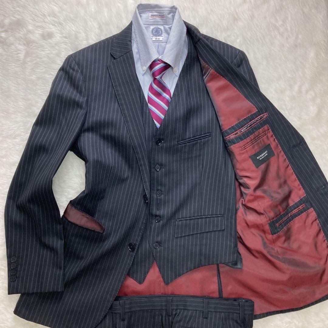 バーバリーブラックレーベル『3ピース』 ジャケット ベスト 黒 ストライプ 40