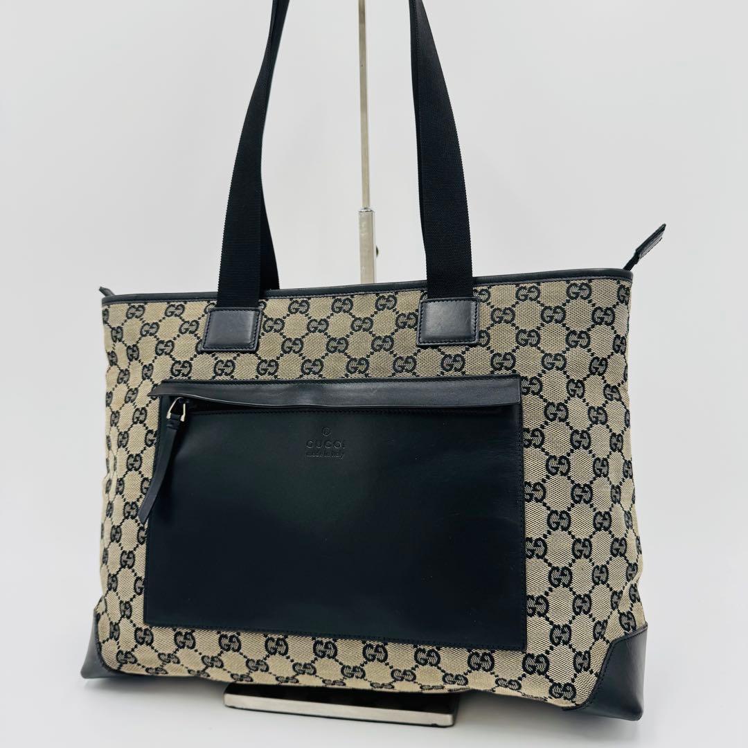 グッチ GGキャンバス レザー トートバッグ 肩掛け A4収納可能 ブラック