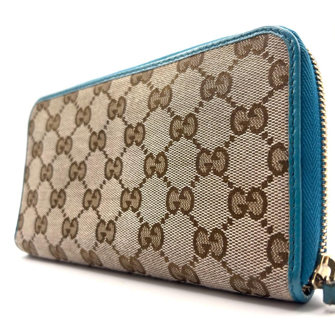グッチ 長財布 GG キャンバス ターコイズ ブルー ラウンドファスナー