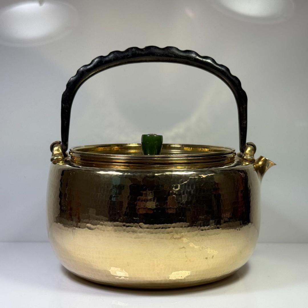 純銀製 北村静香造 槌目 金メッキ仕上げ 貴石摘 豆莢鉄手 湯沸 古美術品 銀瓶