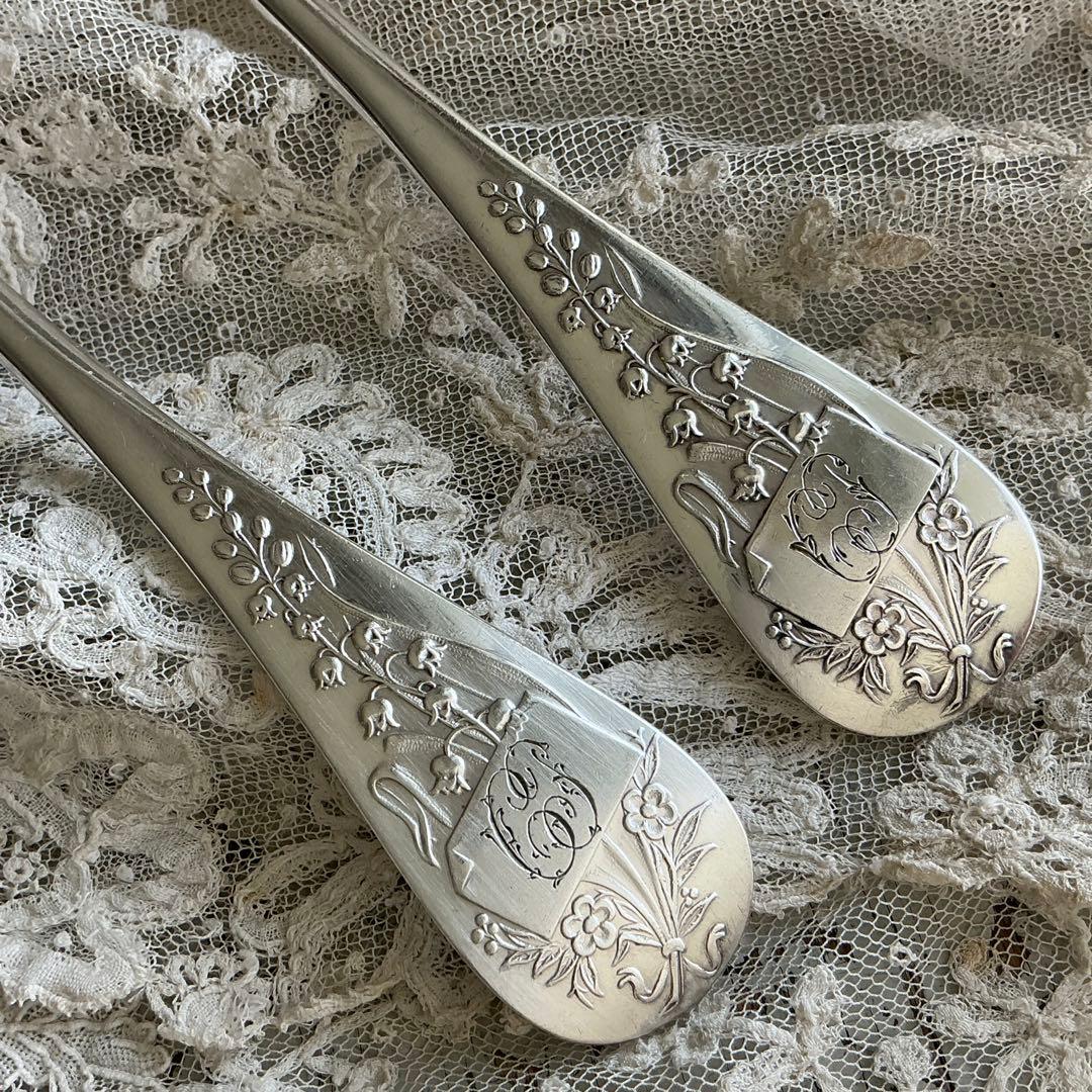 【C-１】フランスアンティーク　すずらん　スプーン＆フォーク　1組　モノグラム
