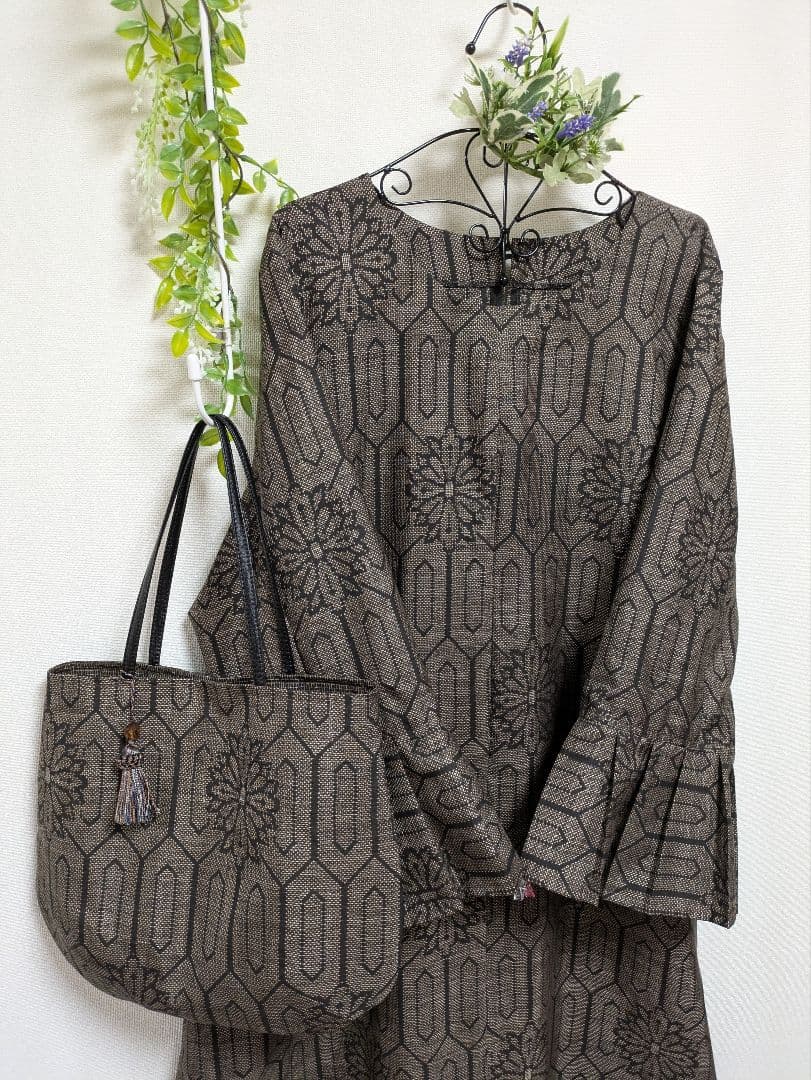 着物リメイクワンピース★7マルキ大島紬★Aラインワンピース&トート★ML〜LL