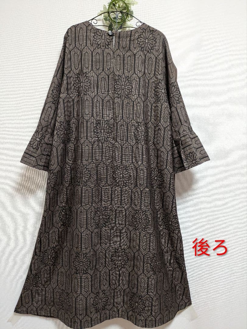 着物リメイクワンピース★7マルキ大島紬★Aラインワンピース&トート★ML〜LL