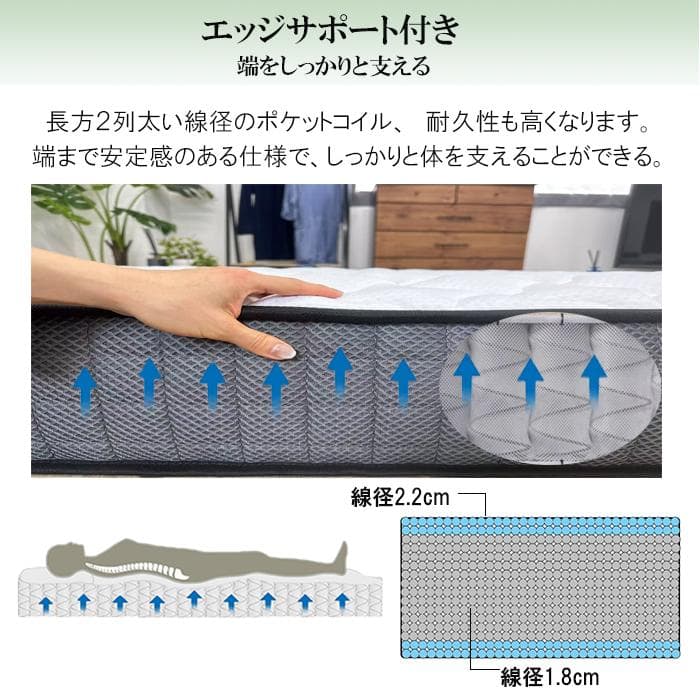 ポケットコイルマットレス セミダブル 厚さ21㎝ 竹炭ウレタン やや硬め抗菌防臭