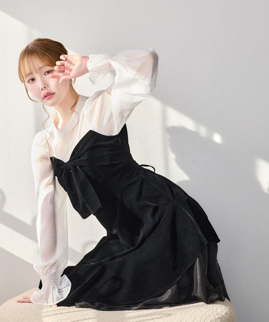 新品 NICE CLAUP オケージョン ベロアリボン異素材ロングワンピース