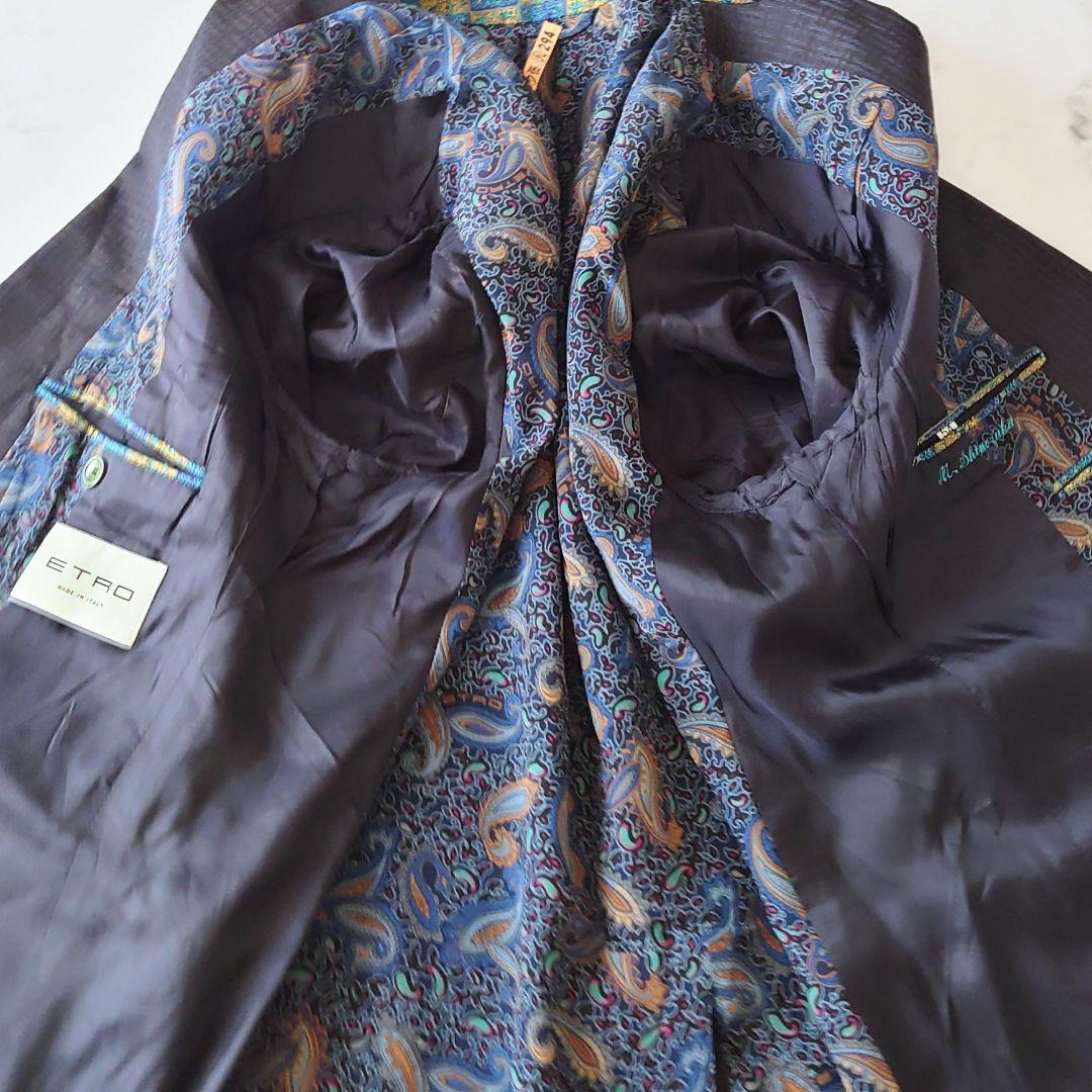 ★f エトロ シルク メンズ ジャケット ネイビー チェック ペイズリー イタリ