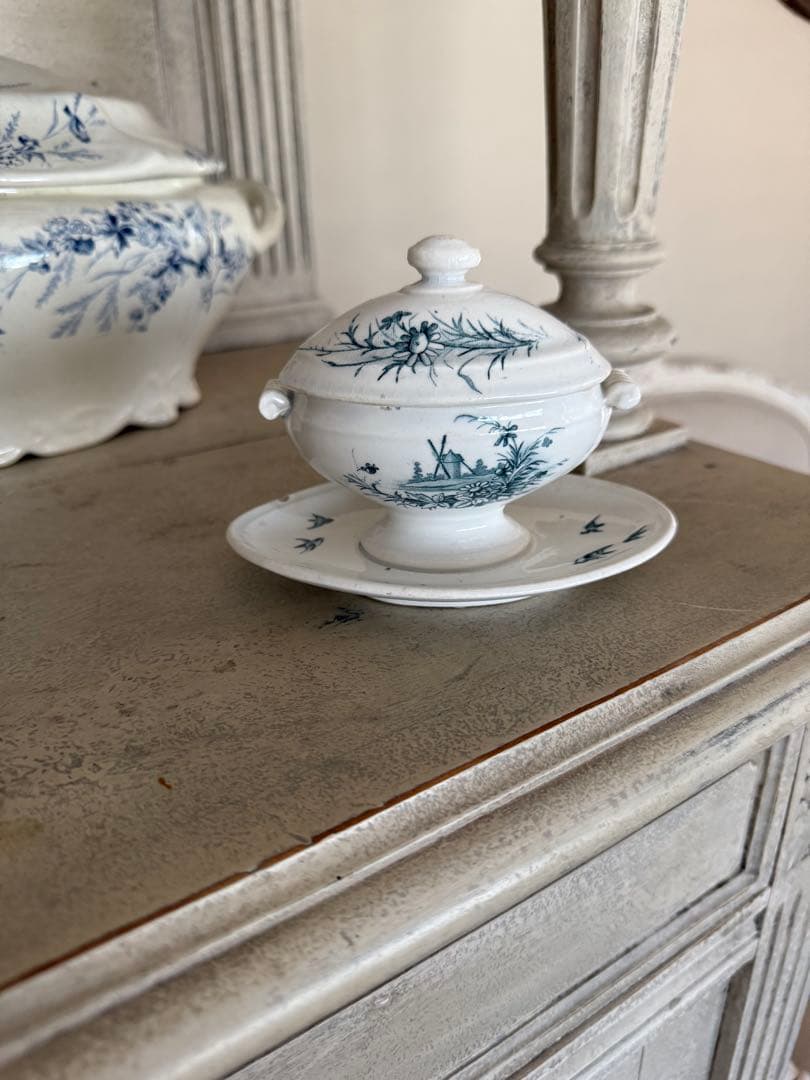 フランスアンティーク陶器ジアンGien小鳥と水車模様のムタディエマスタード入れ