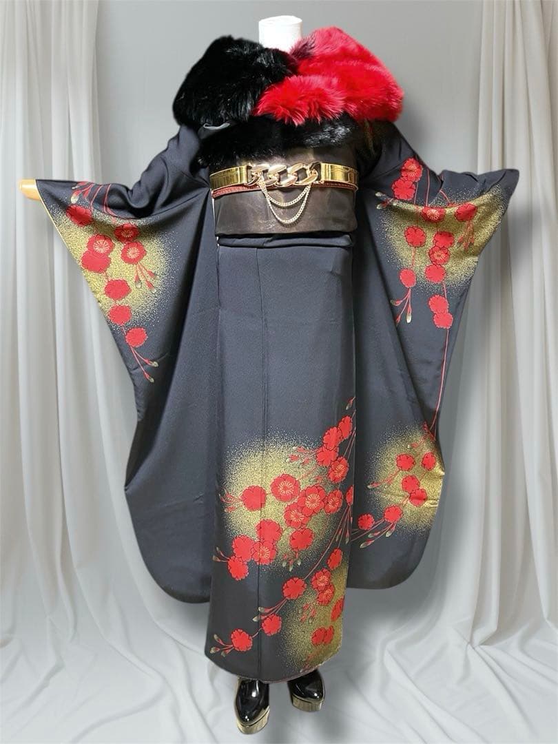 チャコールグレー 梅 ファーショール付き 振袖 フルセット 成人式