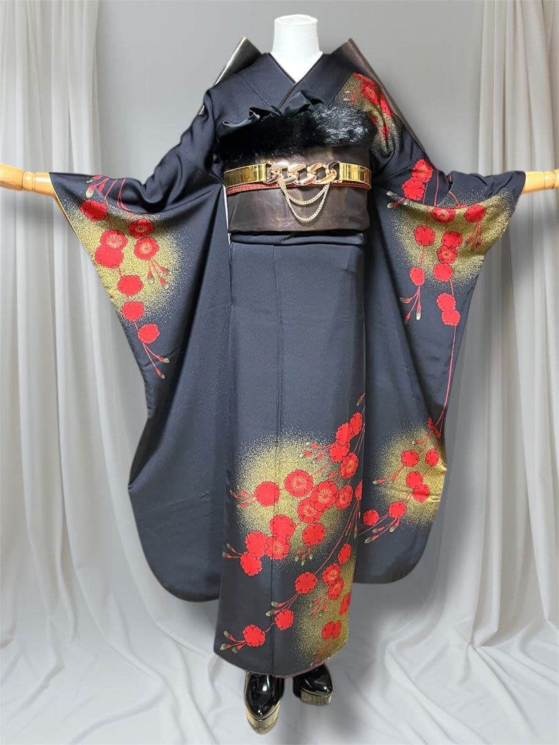 チャコールグレー 梅 ファーショール付き 振袖 フルセット 成人式