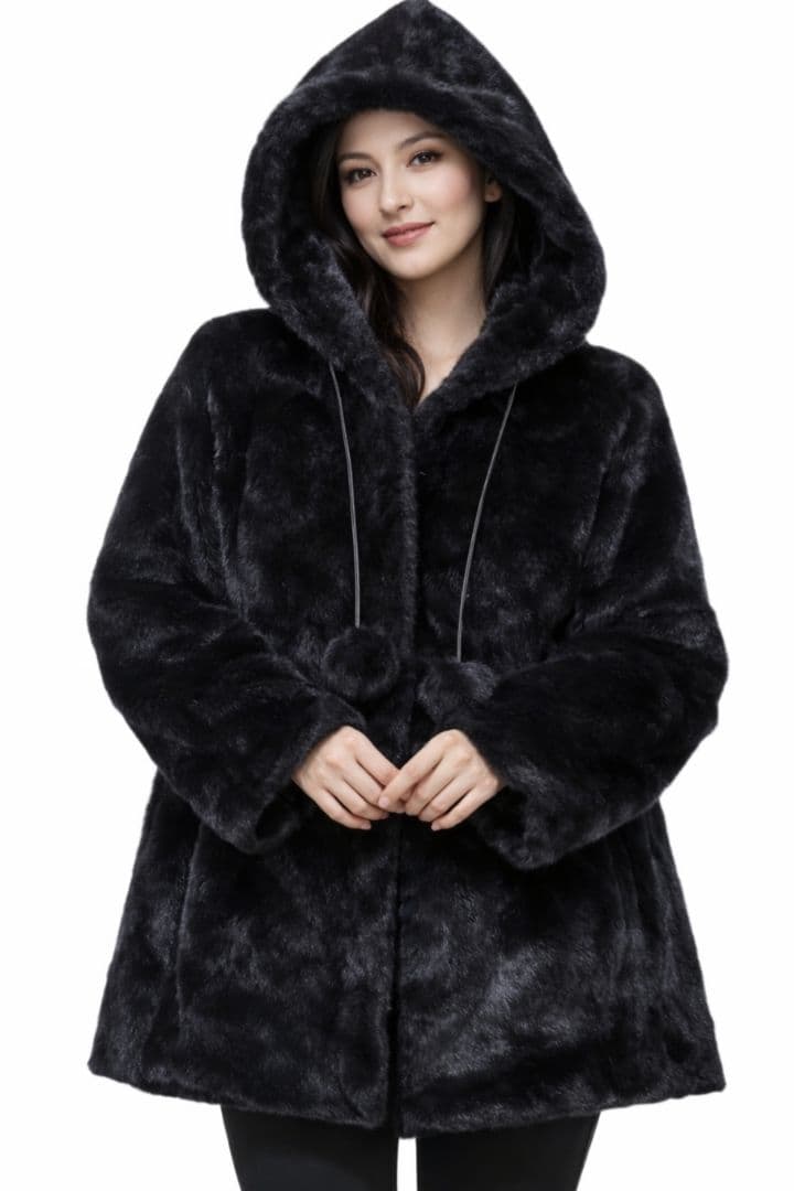 ファーコート ミンク混 ふわふわ 暖かい フード付き✨ 可愛い ポンポン フリー