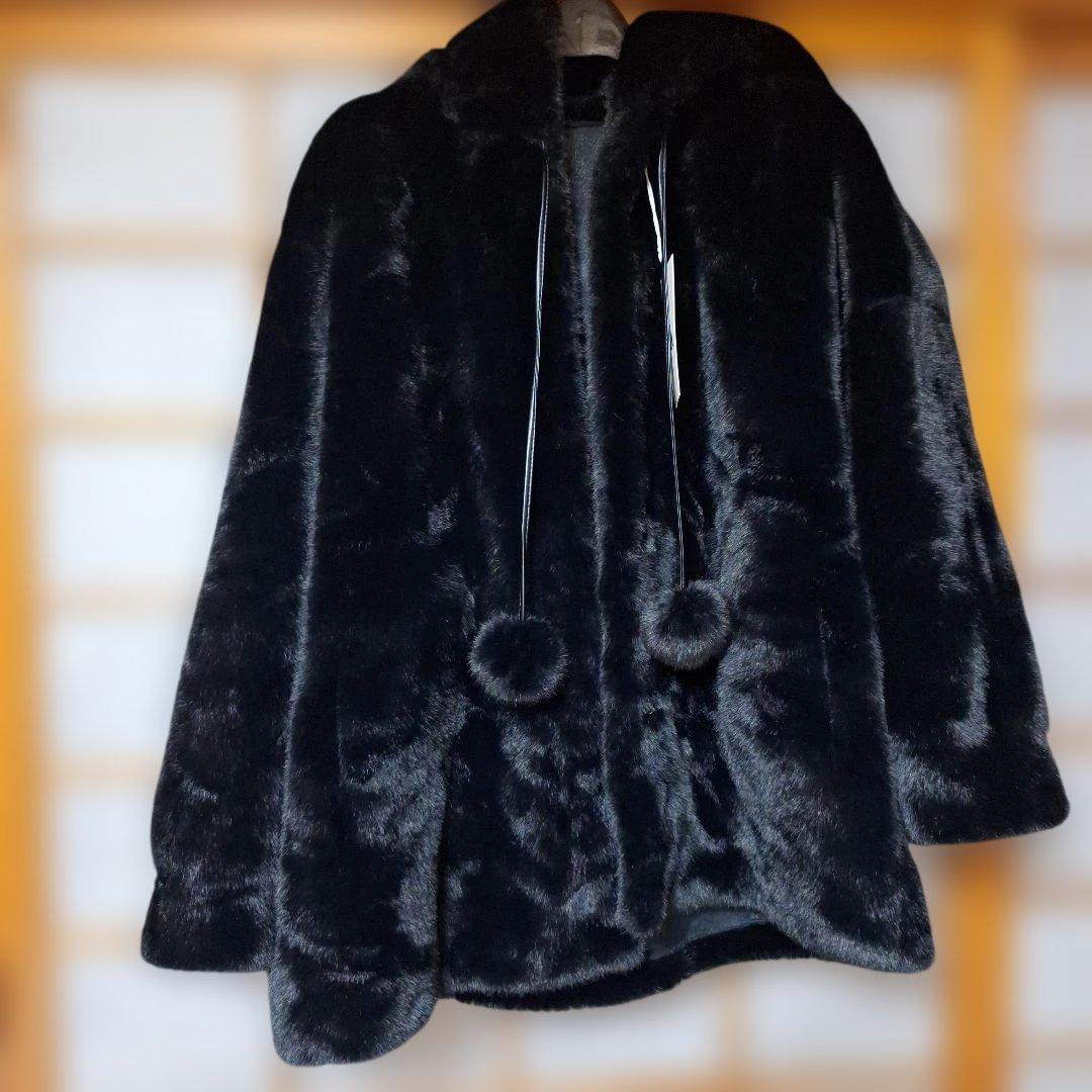 ファーコート ミンク混 ふわふわ 暖かい フード付き✨ 可愛い ポンポン フリー