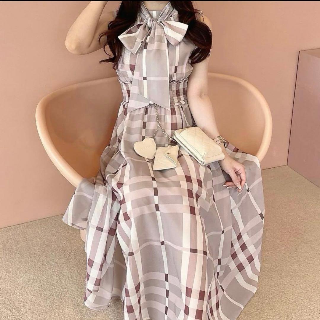 新品 タグ付き An MILLE アンミール ビックチェックリボン OP ピンク