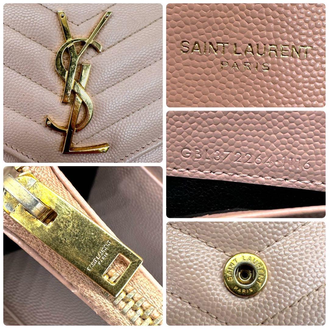 【美品】サンローラン 長財布 フラップ ピンクベージュ Vステッチ YSL