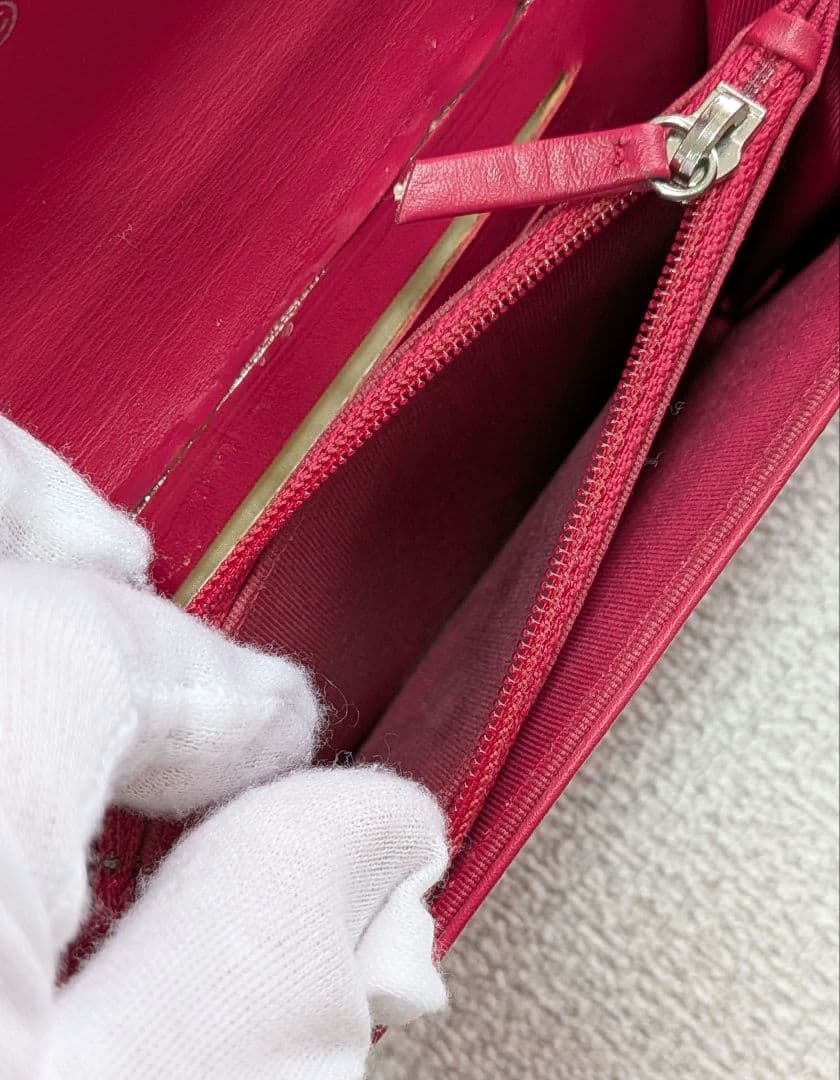 シャネル　赤　ミニ財布　マトラッセ　ラムスキン　チェーンウォレット　ケース