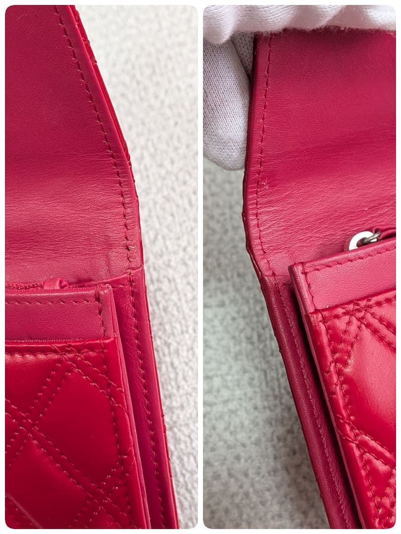 シャネル　赤　ミニ財布　マトラッセ　ラムスキン　チェーンウォレット　ケース