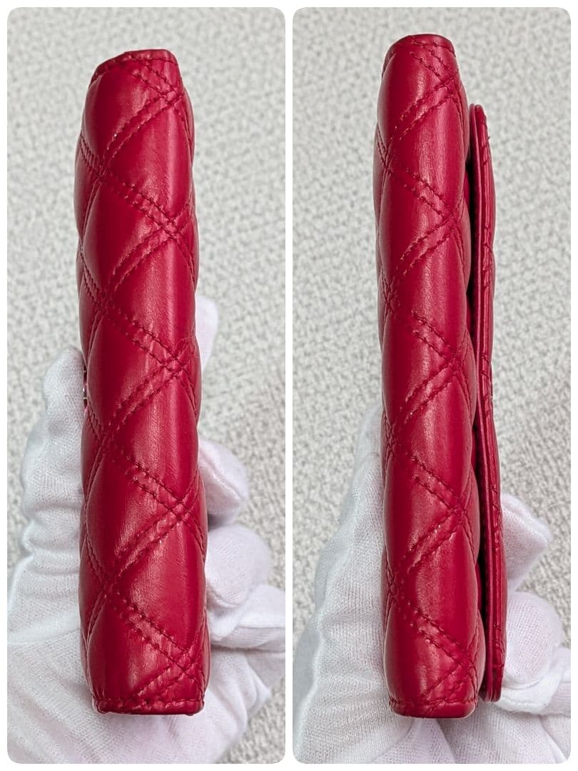 シャネル　赤　ミニ財布　マトラッセ　ラムスキン　チェーンウォレット　ケース