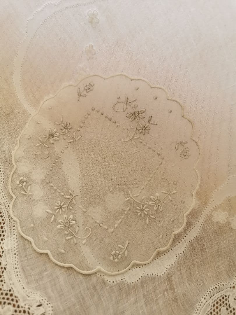 アンティーク シアーなピーニャクロス 小花の手刺繍 フラワーリムプチドイリーα