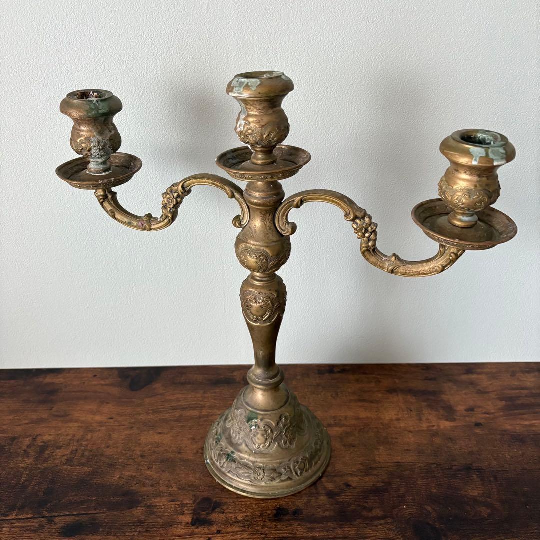 【アンティーク】真鍮製 3灯式 キャンドルスタンド / 燭台 店舗什器