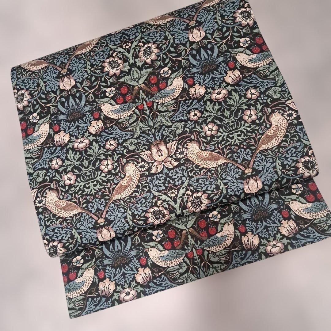 開き名古屋帯　ウィリアムモリス　いちご泥棒　エメラルド×アネモネ　　リバーシブル