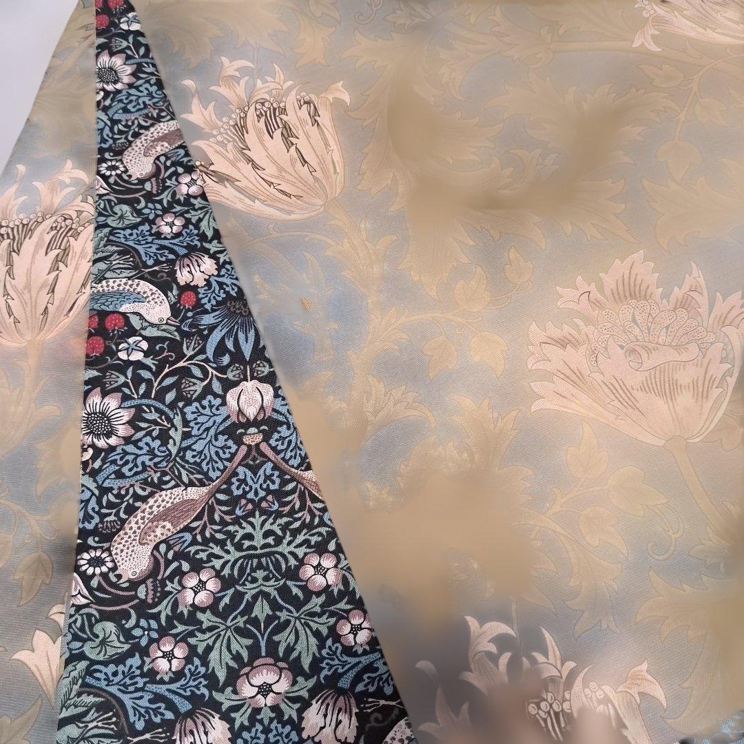 開き名古屋帯　ウィリアムモリス　いちご泥棒　エメラルド×アネモネ　　リバーシブル