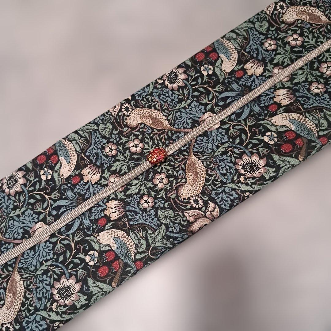 開き名古屋帯　ウィリアムモリス　いちご泥棒　エメラルド×アネモネ　　リバーシブル