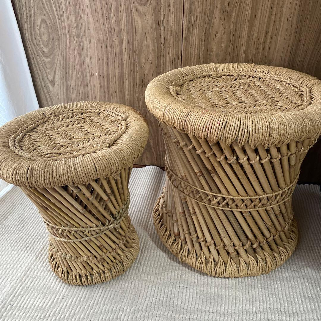 民藝　ラタン　スツール　竹　イス　インド　編み込み　2個セット