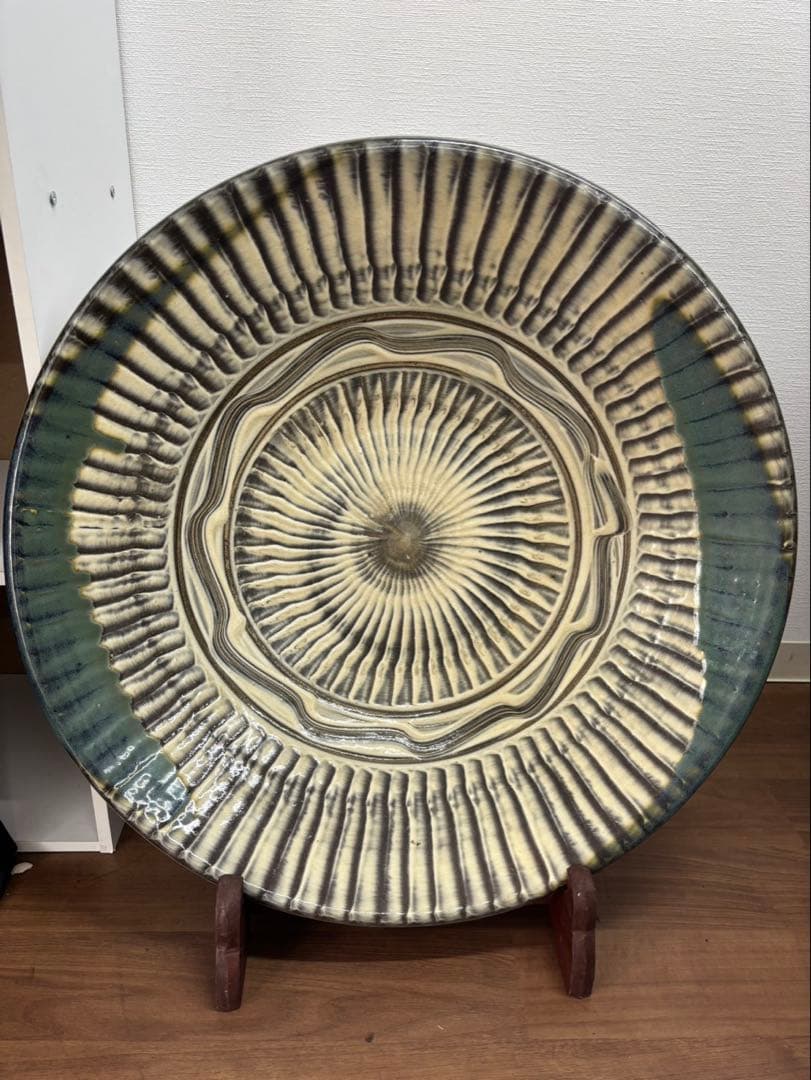 特大サイズ！小鹿田焼？小石原焼？大皿 オブジェ 飾り皿 木製皿立て付き