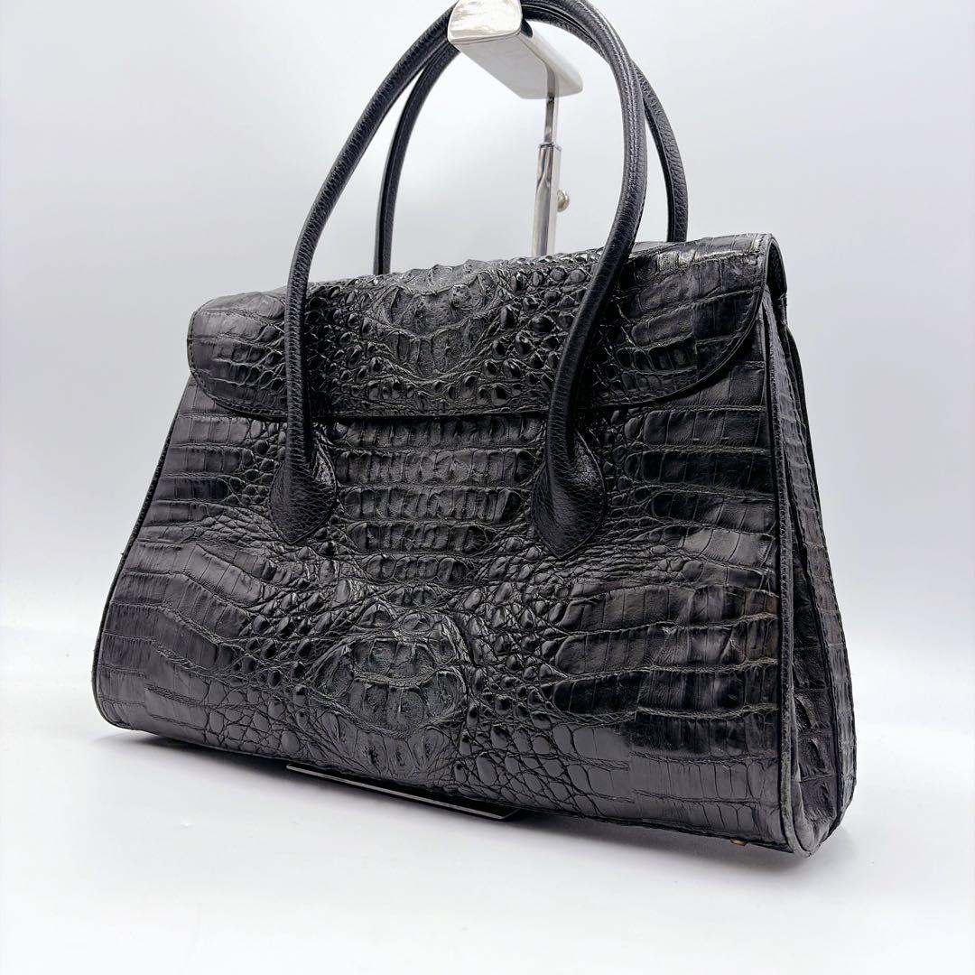 クロコダイル レザー フラップ トートバッグ ハンドバッグ ブラック