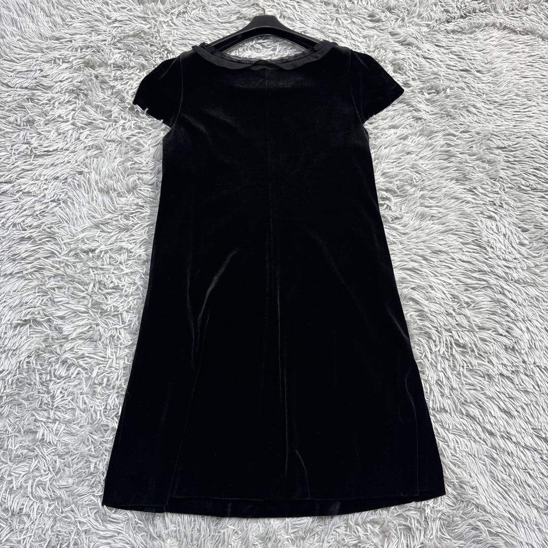 未使用級✨フォクシー Aラインベロアワンピース シフォンフリル 半袖 ブラック