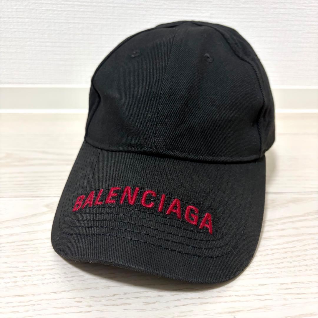 美品✨BALENCIAGA　バイザーロゴ　キャップ　L59　マジックテープ　黒赤