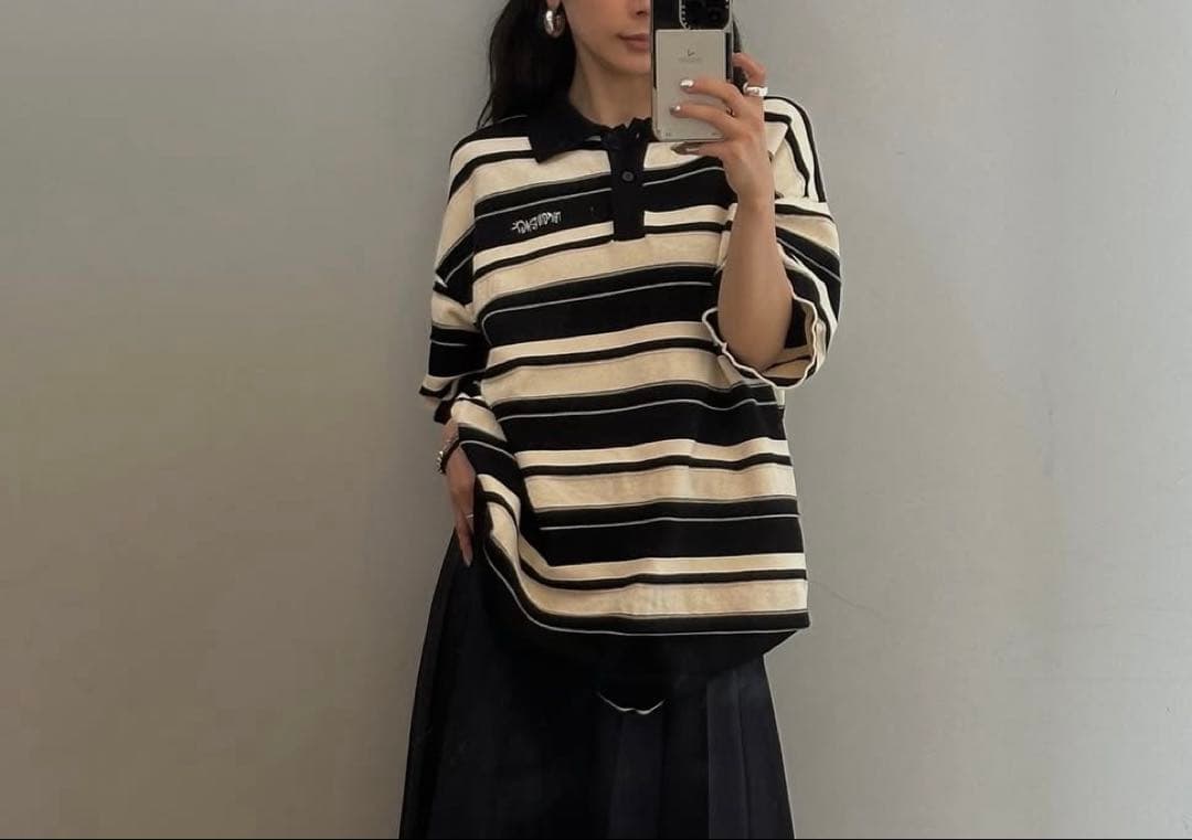 こ*ま様 MULTI BORDER LOGO KNIT POLO TOP ブラッ