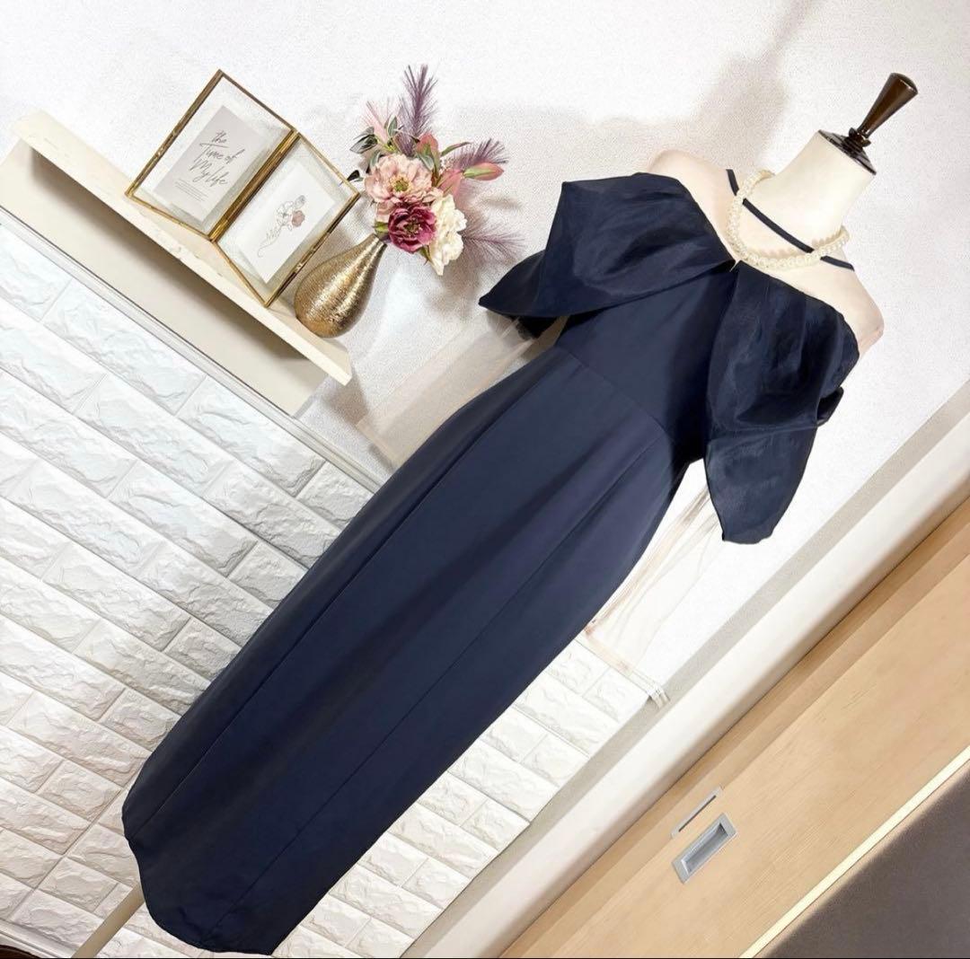 ネイビー オフショルダー フリルドレス　オケージョンドレス【値引き】