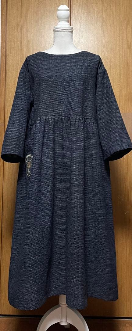 着物リメイク　書生絣のウエストギャザーワンピース