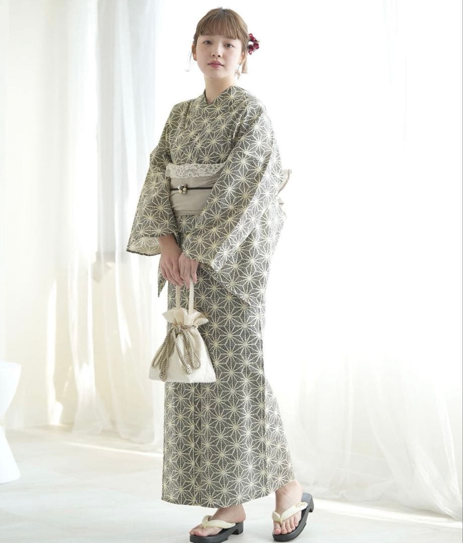utatane 浴衣3点セット 綿麻 モノクロ点描麻の葉