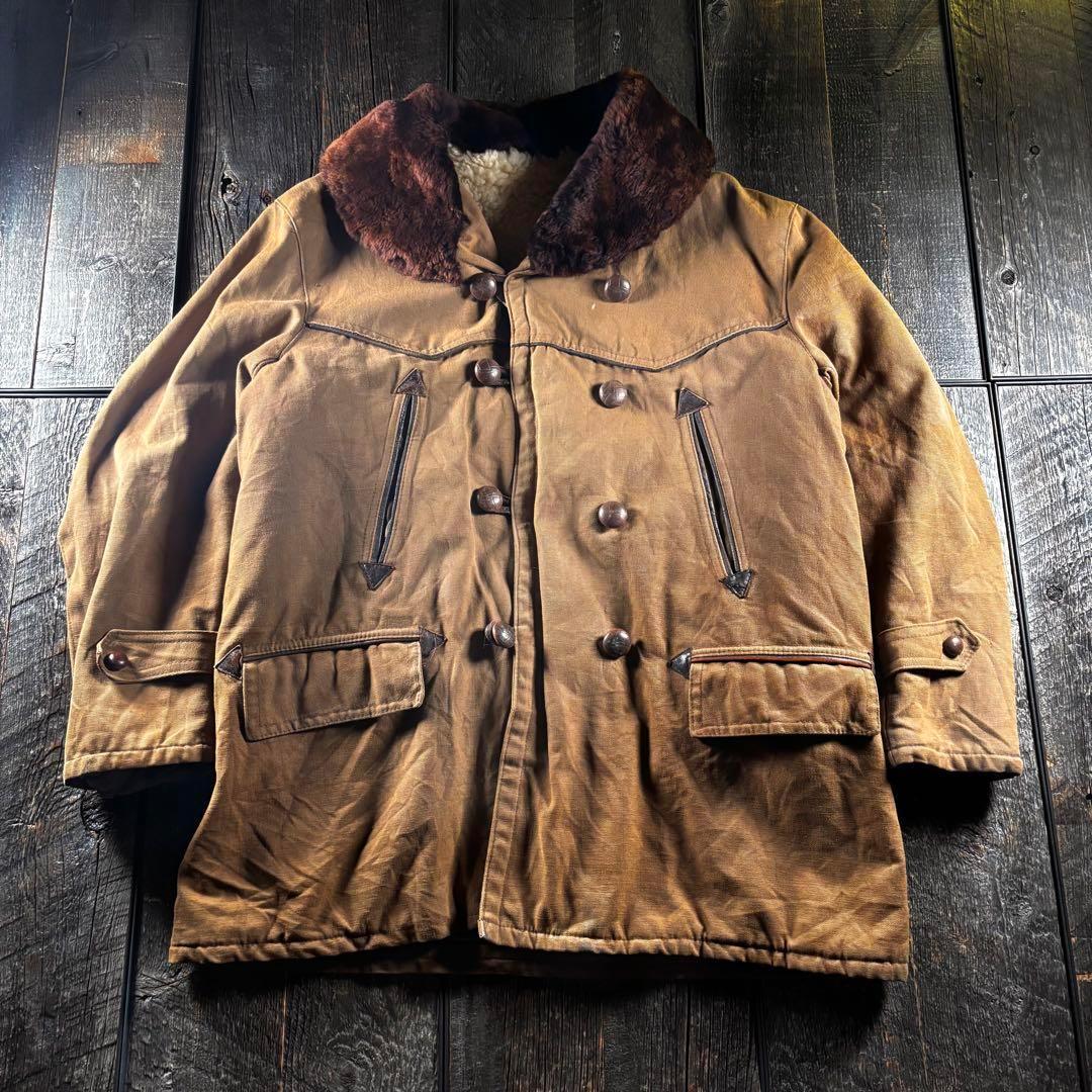 古着　５０s ボアコート　ダック生地　ムートンコート　くるみボタンL ブラウン.
