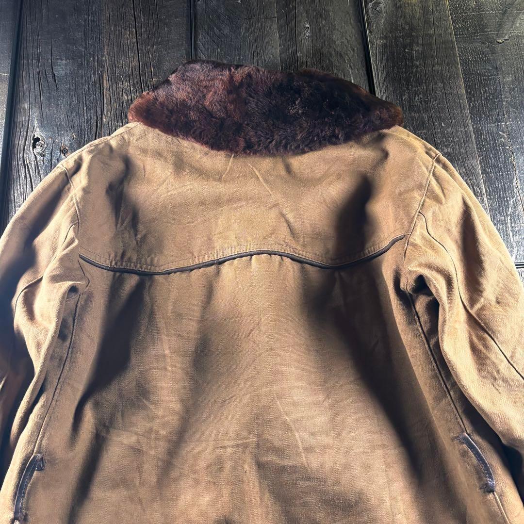 古着　５０s ボアコート　ダック生地　ムートンコート　くるみボタンL ブラウン.