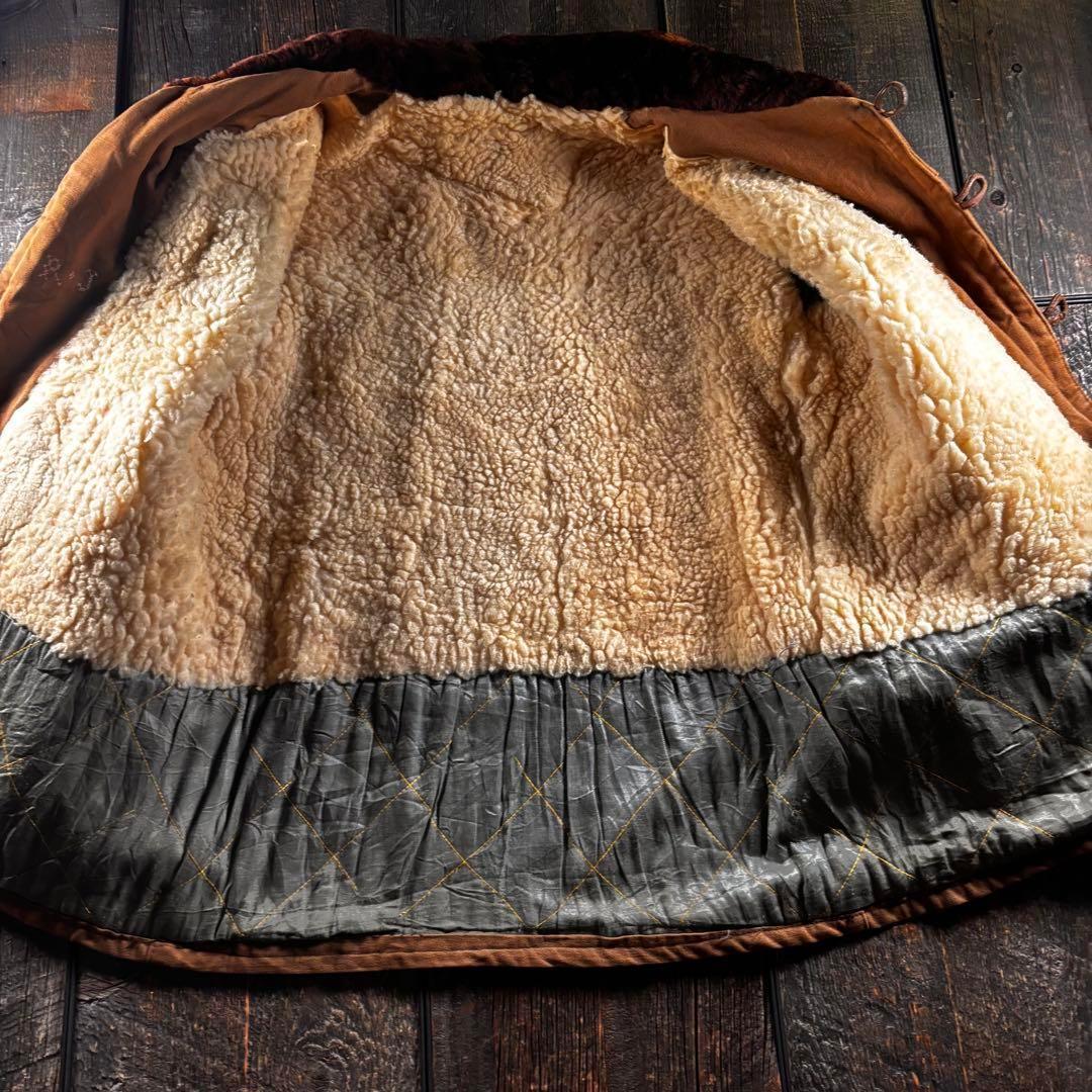 古着　５０s ボアコート　ダック生地　ムートンコート　くるみボタンL ブラウン.