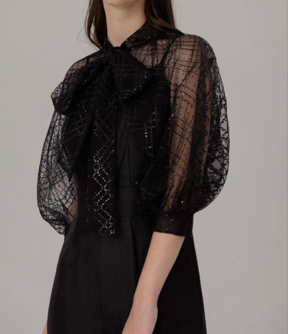 【LEJA】ドット柄スパンコールパフスリーブボレロオールインワンドレス S