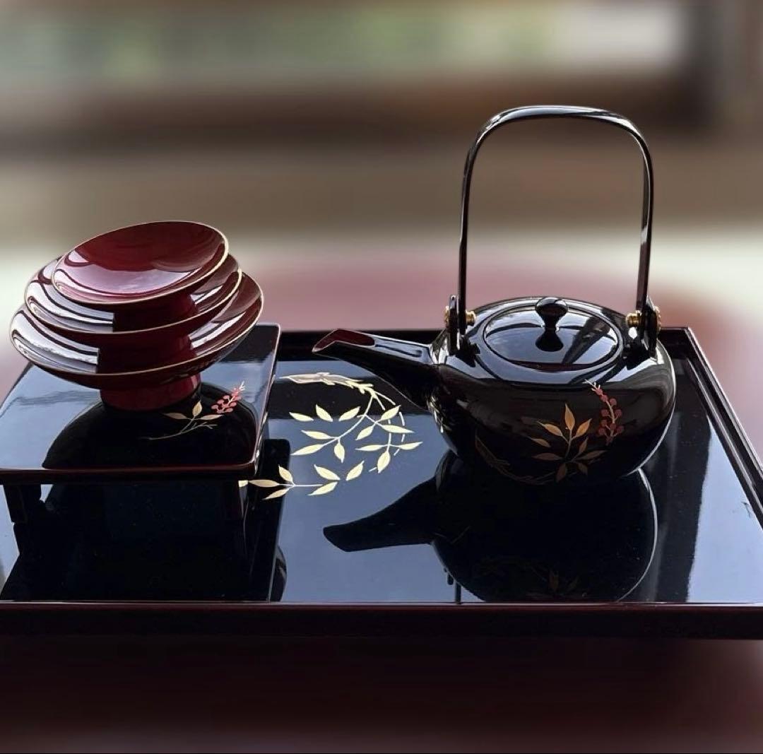 お屠蘇セット 越前漆器　 尺2長角屠蘇器　溜　新丸南天